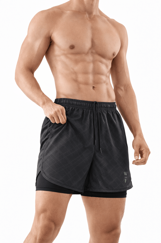 A model wearing WF-PS04 real activewear shorts, featuring a textured black exterior and soft lining for comfort.