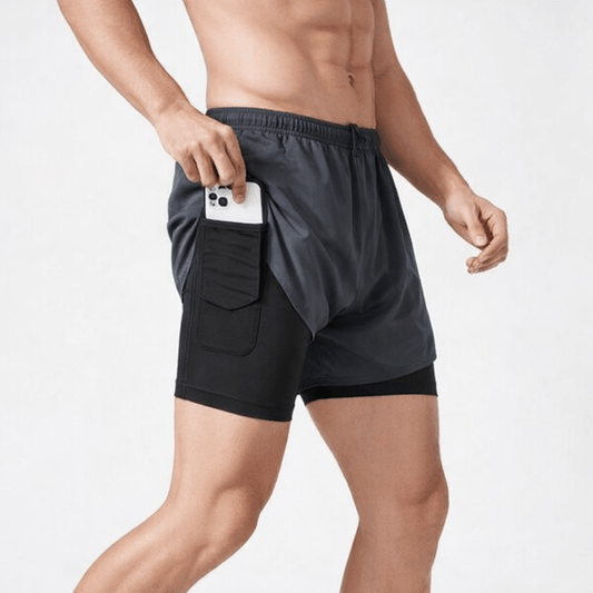 Man wearing dark gray WF-PS03 activewear shorts with side pocket, showcasing organic design and strong appeal.