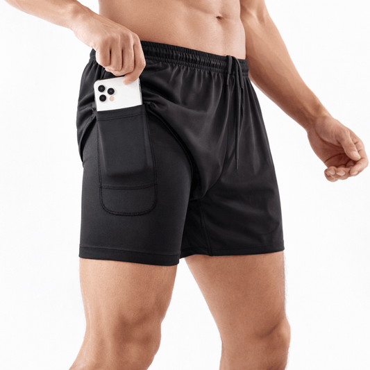 WF-PS02 all-black activewear shorts with pocket holding a smartphone, designed for real activewear needs.